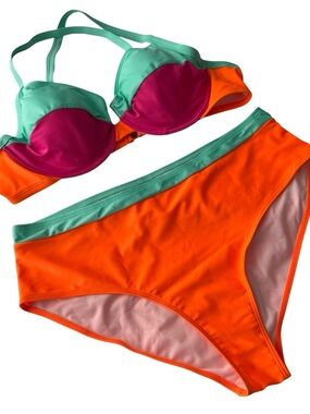 Women's Vibrant Color Block Bikini, Neon Orange, Fuchsia & Mint Green, Size 3XL